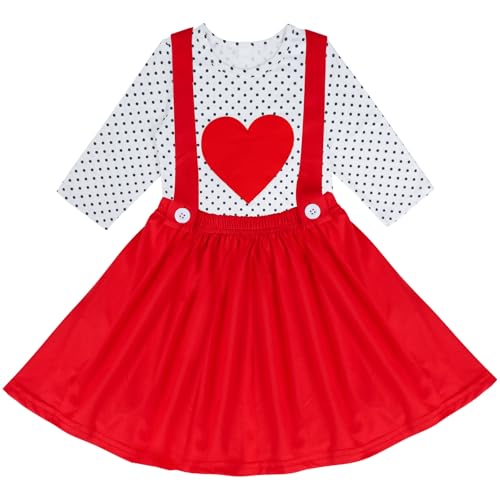 Image of Girls Valentine's Day Dress Outfit, Long Sleeve Dot Heart Shirt Top and Red Suspender Strap Skirts Set (Red, M)