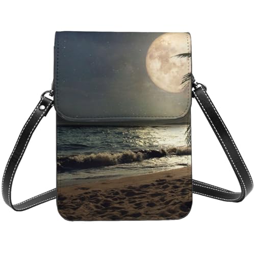 Sac à bandoulière pour téléphone noir en cuir imprimé plage tropicale pour femme