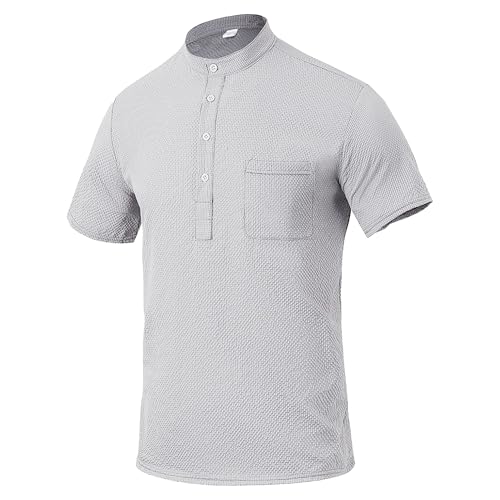Zylphorix Men Quarter Button Short Sleeve T-Shirt Stand Collar Breathable Plaid Shirts Summer Cozy Workplace Polo Pullover (Light Grey,Medium)