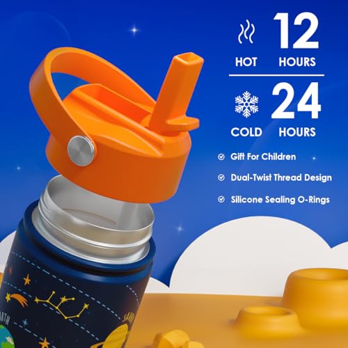 Image of SANDJEST Solar System Kids Water Bottle With Straw Lid 12oz Insulated Stainless Steel, Travel Tumbler, Gifts For Boys, Birthday, Christmas, Back To School