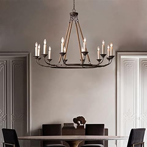 LOVEDIMA Vintage Chandeliers for Dining Room 12-Light Ceiling Light Fixture Flaxen Hemp Rope and Metal Rustic Round Candelabra Chandelier in Rust Cover