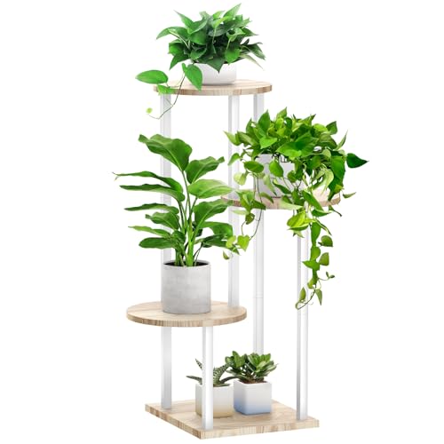 SMFANLIN 4 Tier White Metal Wooden Tall Plant Stand Indoor Shelf Flower Pot Holder for Multiple Plants, Corner Display Rack for Living Room Balcony Patio Garden