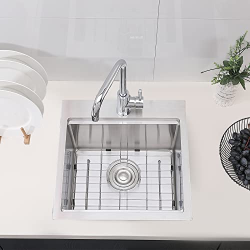 Ufaucet 18×18 Inch Modern Commercial Drop In Bar Sink,Handmade Stainless Steel Bar Sink,Small Single Bowl Kitchen Sink With Stainless Steel Grid&Strainer&Cutting Board #TOP2