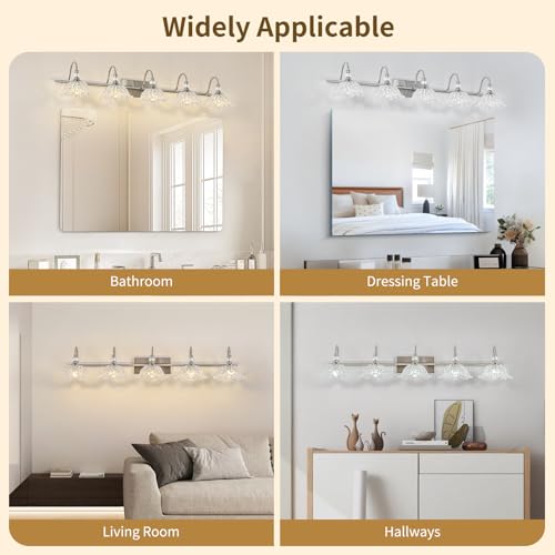 Image of Brushed Nickel 5-Light Bathroom Vanity Light with Floral Clear Glass Shades, Brushed Nickel Wall Mount Lighting for Bathroom, Dressing Table