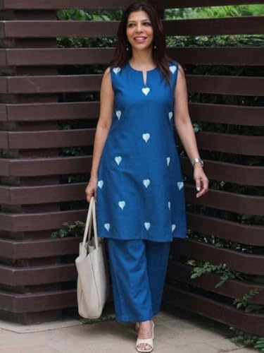 Image of ANNI Designer Kurta Set for Women Cotton Blend Embroidered | Kurti Set for Woman | Farshi Salwar Suit Kurta Palazzo Outfit | Round Neck V Slit Sleeveless Regular Fit Ethnic Dress Stylish Clothing