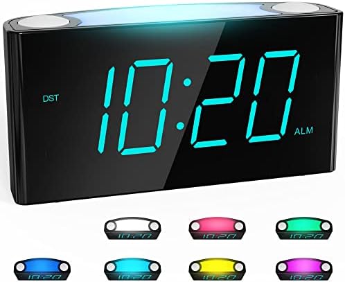 Rocam Digital Alarm Clock for Bedrooms - Large 7.5" LED Display with Dimmer, Snooze, 7 Color Night Light, Easy to Set, USB Chargers, Battery Backup, 12/24 Hour for Kids,Boys,Teens,Heavy Sleepers(Blue)