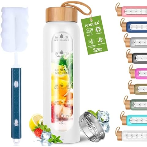 Aqulea Glass Water Bottles 32 Oz with Silicone Sleeve - BPA Free Reusable Wide Mouth Glass Motivational Water Bottles with Fruit Infuser – Leak Proof Borosilicate Water Bottle with Time Marker (White) Cover