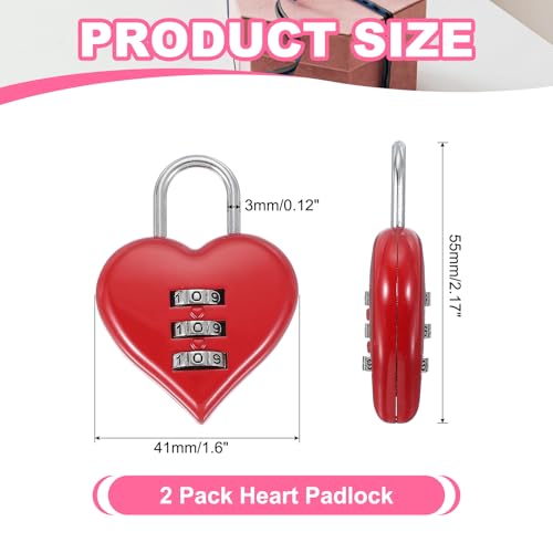 Image of MECCANIXITY Combination Locks, Heart Shape 3 Digit Password Padlock Love Locker Lock for Jewelry Storage Box Diary Gym Outdoor Fence Gate Hasp Cabinet Storage, Red, Pack of 2