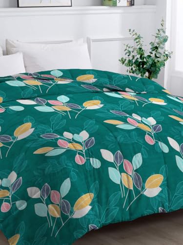 Image of HOMEKART 220 GSM Reversible Microfiber AC Comforter for King Size Bed | 3-Layer Quilted All-Season Duvet for Mild Winter | Soft & Breathable (220 x 240 cm, Floral, Green)