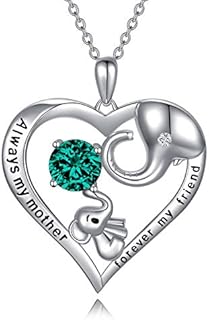 AOBOCO Mum Necklace Sterling Silver Love Heart Lucky Elephant Necklace with Birthstone Crystals, Birthday Mothers Day Jewellery Gifts for Mum from Daughter Son