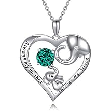 AOBOCO Mom Necklace Sterling Silver Love Heart Lucky Elephant Necklace with Birthstone Crystals, Birthday Mother Day Jewelry Gifts for Mom from Daughter Son Husband