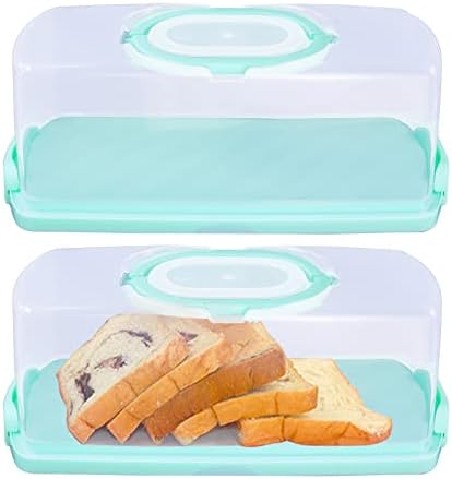 2Pcs Portable Bread Box with Handle Transparent Lid Loaf Cake Storage Carrier for Pastries, Donuts, Bread Rolls, Buns or Baguettes (Lake Green)