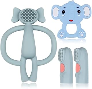 2 Pcs Teething Toys for Baby, Silicone Elephant Baby Teething Toy, BPA Free Baby Teether with 2 Pcs Finger Toothbrush Baby for Babies Over 3 Months - Stimulates and Massages Sore Gums