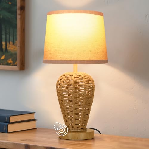 LEDIKON Boho Table Lamp,Touch Control & 3 Way Dimmable, 100% Hand Woven Rattan Bedside Nightstand Lamp for Bedroom, Living Room, Office (Bulb Included)