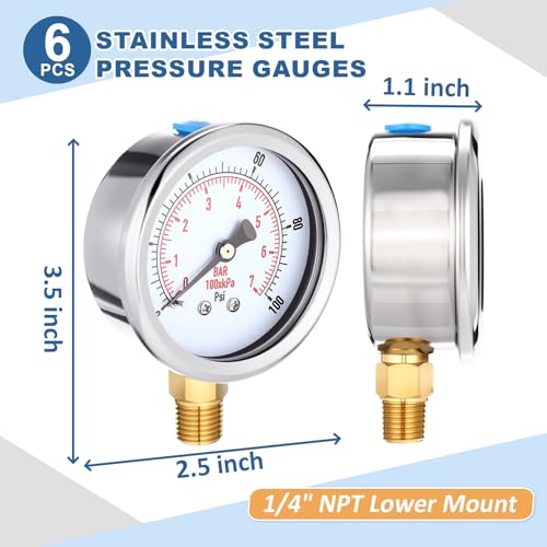 Image of Flutesan 6 Pcs 0-100psi Low Pressure Gauge 2.5 inch Face Dial Size 1 /4 NPT Lower Mount Waterproof Pressure Gauge with Stainless Steel Case for Pool Water Pump Tire Water Oil Air