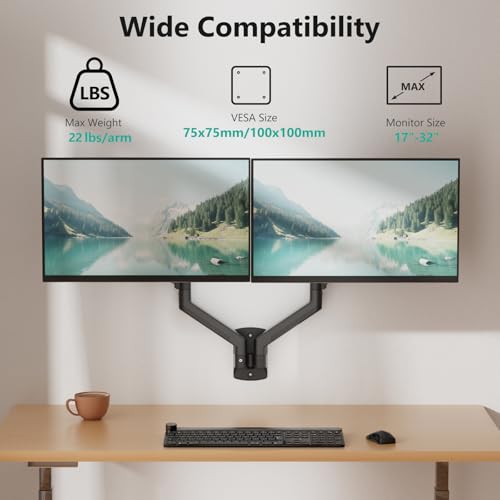 WALI Dual Monitor Wall Mount for 17 to 32 inch Screens, Monitor Wall Mounts for 2 Monitors, Holds up to 22 lbs, Fully Adjustable Gas Spring Monitor Arm,75x75/100x100 VESA Wall Mount (GSWM002), Black - Thumbnail 2