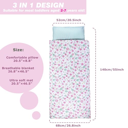 Image of Toddlers Nap Mat with Removable Pillow and Soft Blanket, Lightweight Daycare Preschool Kindergarten Sleeping Bag, Travel Slumber for Kids Girls Boys (Pink Flowers)