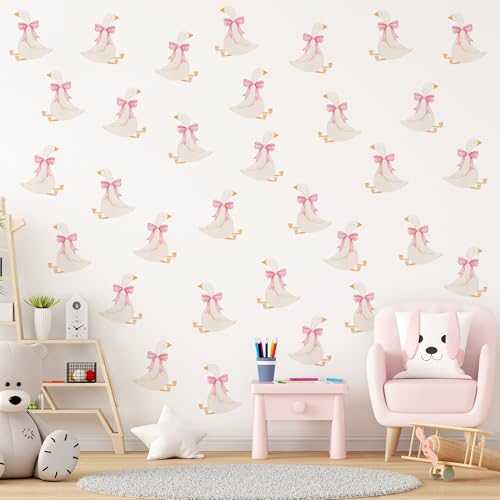 Qimgic Goose Wall Art Sticker – 80pcs Watercolor Pink Bow Goose Wall Decals Print for Home Bedroom Playroom Decoration, Removable Vinyl Cute Animal Geese Stickers for Baby Shower Nursery Kindergarten