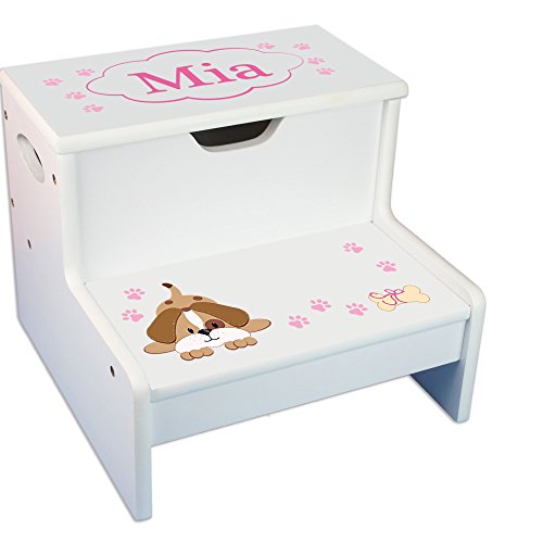 My Bambino Personalized Kids Step Stool | Pink Puppy White Childrens Step Stool with Storage | Custom Name Toddler Bathroom & Kitchen Helper | Great Baby Gift