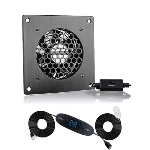 BRIEFCEC USB Lüfter 80mm,Digitalanzeige Temperaturregelung Leises Lüftersystem, 5V Lüfter, mit modernem Rahmen aus gebürstetem schwarzem Aluminium für Heimkino-AV-Schrank, Haustierhöhle (1 Stück)