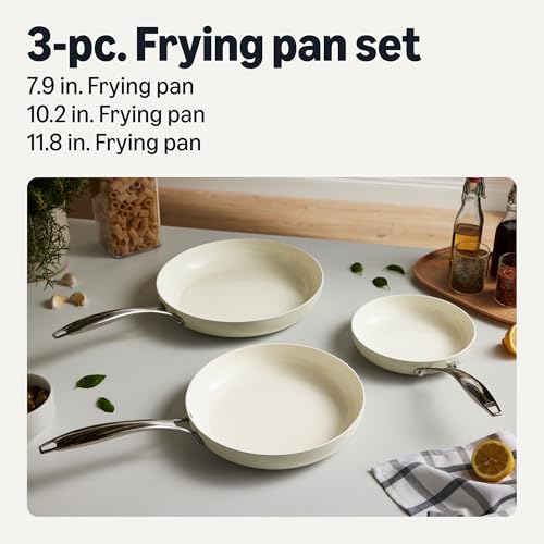 Amazon Basics Ceramic Nonstick Cookware, 3-Piece Frying Pan Set, All Cooktop Induction Compatible, Dishwasher-Safe, Oven-Safe, Ivory - Image 2