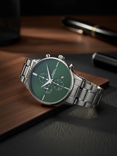 Image of French Connection Green Embossed Round Dial with Stainless Steel Strap Chronograph Watch for Mens - FCO5NSM