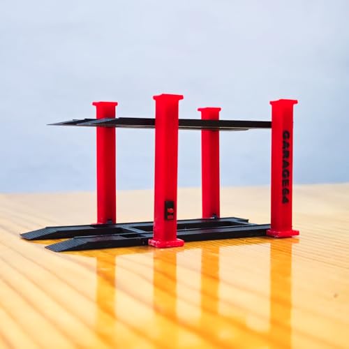 Image of 1 /64 Scale 2 Tier Car Lift Diecast Garage Diorama Accessory for Hot Wheels, Matchbox, Greenlight - Two-Tier Display Car Lift with Red Pillars & Black Base Set of 2 (RED-Black)