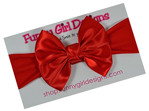 Satin Bow Baby Headband By Funny Girl Designs Fits Newborn to 6 Months (Red)2
