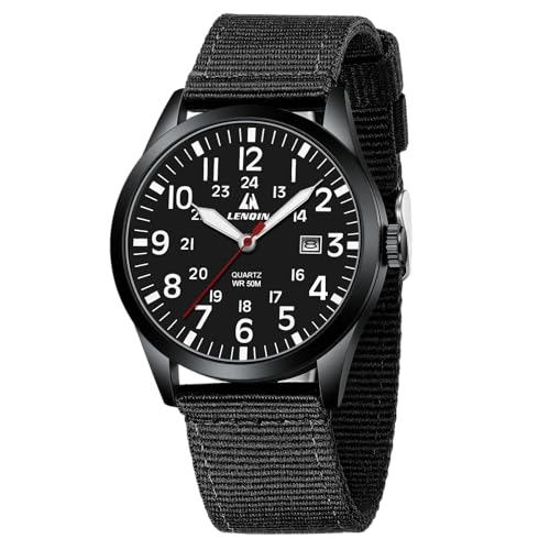 Image of LN LENQIN Mens Watches Military Watch Field Watch Analog Quartz Watches for Men Luminous Army Tactical Outdoor Sports Waterproof Men's Wrist Watches with Date and Nylon Strap (All Black)