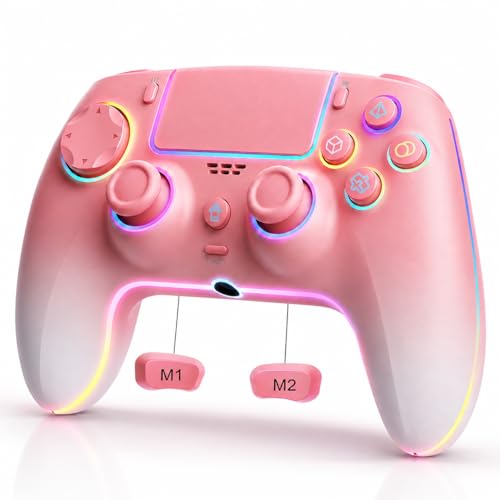 JUNHUAN Pink White Wireless Pro for PS5 Controller with Hall Effect joysticks & Triggers /Back Paddles/Motion Sensor/TURBO/Cool RGB/3.5mm Audio Jack - Built-in Speakers Support P-S5 Console Audio, Compatible with PlayStation 5/PC/Mac/iOS/Android/Steam Deck