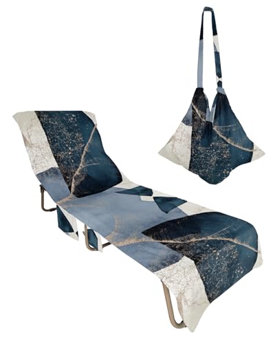 Navy Blue Geometric Beach Lounge Chair Towel Cover, Soft Chaise Lounge Towel with Side Pockets Patio Pool Chairs Cover for Beach/Pool Sunbathing 29x85 Middle Century Boho Abstract Art