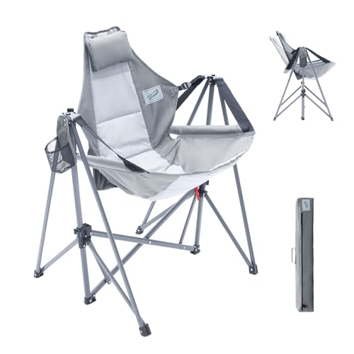 Portable Swing Hammock Chair | Foldable Recliner Rocking Lounger with Headrest &amp; Drink Holder | Outdoor Sports, Beach, Lawn, Hunting, Tailgating, Fishing | Supports 300Lbs (Grey)