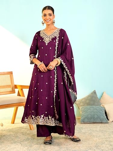 Image of Naixa Women's Vichitra Silk Embroidered A-Line Kurta with Pant and Dupatta Sets (NX-845)
