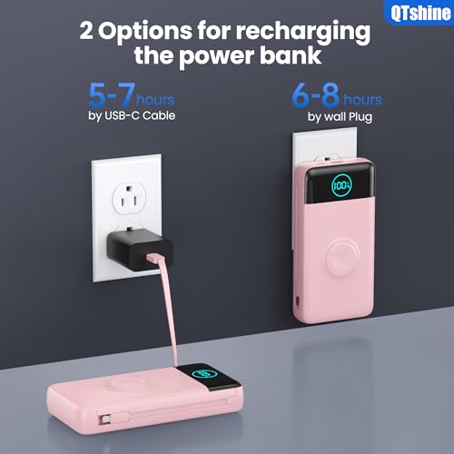 Image of Portable Charger for iPhone, 40800mAh Power Bank with Built-in Cables & AC Wall Plug, 5 Outputs USB C Fast Charging External Battery Pack for iPhone 17 /16 /15 /14, Android, Travel Essential (Pink)