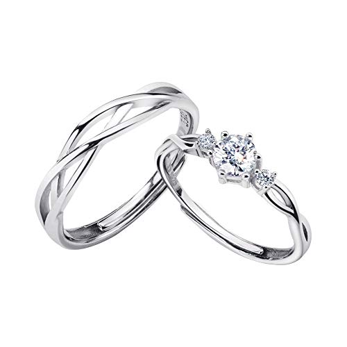 Kokoma Solitaire Matching Couple Rings Sterling Silver S925 Crystal CZ His & Hers Promise Wedding Ring Engagement Band Bridal Sets Jewelry Gifts for Couple Adjustable