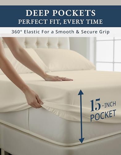 Image of LANE LINEN Twin XL Bed Sheets 100% Egyptian Cotton Sateen - Ivory | Cooling Sheets Twin XL - 3-Piece Set, Ideal For Dorms And Adjustable Beds, For Guests And Everyday Use, Luxe Sheen