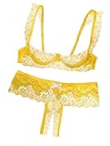 Lilosy Sexy Underwire Lace Sheer Lingerie Set for Women See Through Bra and Panty 2 Piece Half-cup Floral Yellow Medium