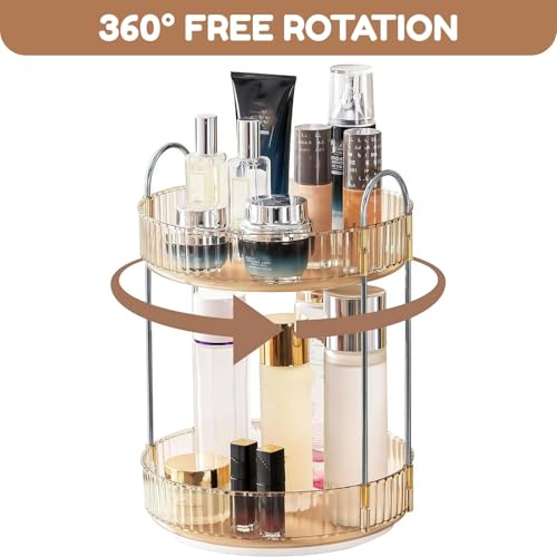 Image of NYALKARAN 360 Rotating Makeup Organizer Large Capacity Cosmetic Storage Box for Vanity Dressing Table & Bathroom Holds Lipsticks Perfume Skincare & Accessories (Golden Amber, 2 LAYER)
