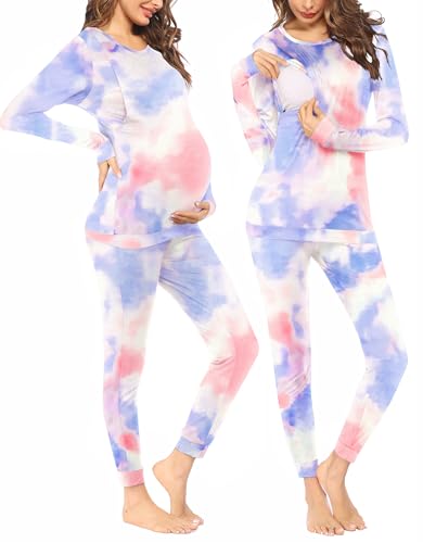 Image of Ekouaer Maternity Pajamas for Hospital Nursing Tunics Hospital Bag Essentials Tie Dye Set Tie Dye Medium