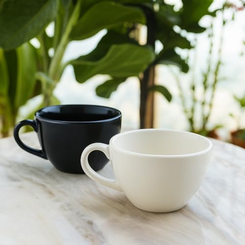 Image of BLACKCARROT Large Fine Ceramic Coffee Cup Set of 2, Black and White, 380ml | Cappuccino Cups | Glossy Finish | Large Ceramic Coffee Cups | Premium Stoneware | Microwave Safe