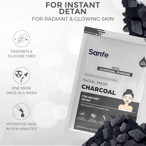 Image of Sanfe Glow Up Sheet Mask (Pack of 6) | Korean Facial Masks with Rose, Cucumber, Charcoal, Lemon, Papaya & Vitamin C | For Instant Glow, Hydration, Detan, Brightening & Oil Control | 150Gm