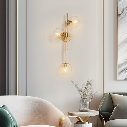 Image of KSANA Gold Sconces Wall Lighting, Modern 3-Light Bathroom Vanity Light Fixtures with Globe Clear Glass Shade Over Mirror or Beside for Hallway, Bedroom, Living Room and Kitchen