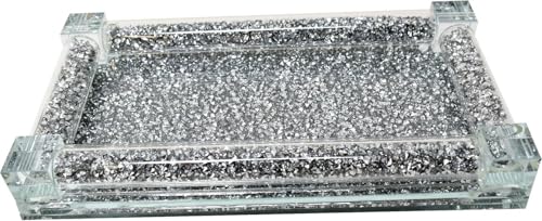 Silver Crystal Diamond Salt & Pepper Shaker Set with Mirrored Tray – Decorative Salt and Pepper Shakers for Dining Table, Kitchen, and Special Occasions (Ceramic, Tray)