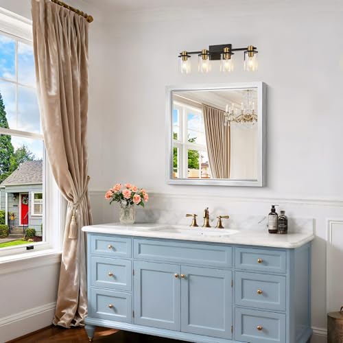 Image of 24 x 24 Silver Bathroom Mirror, Brushed Silver Square Mirror for Wall, 0.6 inch Thickened Deep Frame Mirrors for Bathroom Sink, Shatterproof Tempered Glass, Antirust, Horizontally or Vertically