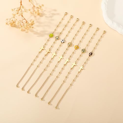 Image of Softball /Volleyball /Soccer /Basketball Football Bracelet for Girls Women, 14K Gold Plated Cross Link Chain Sport Accessories Christian Jewelry Gifts for Teens Team Coach Players