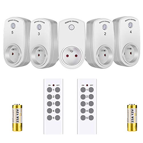 Lot de 5 Prises Télécommandées Intelligentes avec 2 Télécommandes Plug and Play Prise Européenne sans Fil Pile non Incluse Contrôler à Distance par Télécommande Douille d'ampoule à télécommande, Blanc