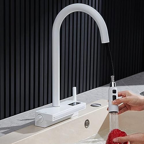 Robinet de cuisine extensible pivotant blanc avec douchette laiton - 3
