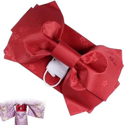 Kimono Belt 55x7'' Japanese Traditional Obi Belt Jacquard Weave Bow Pre-Tied Obi Belts for Women, Red, Bow Belt