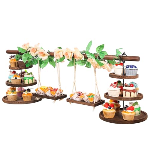 Wooden 3 Tier Cupcake Stand with Swing and Rose Vines Decor, Dessert Table Display Set Rustic Serving Tray Cupcake Tower for Cupcake, Fruit, Donut at Tea Party,Birthday, Baby Shower,Wedding,Christmas