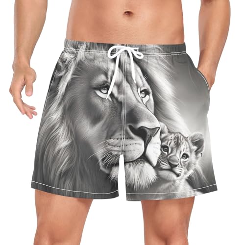 Lion Portrait Black Mens Swim Trunks with Liner, Cool Quick Dry Beach Swim Shorts, Swimwear Bathing Suits S
